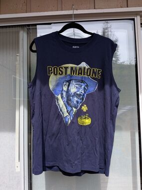Post Malone Graphic Muscle Concert Tank  - Navy with Yellow Print